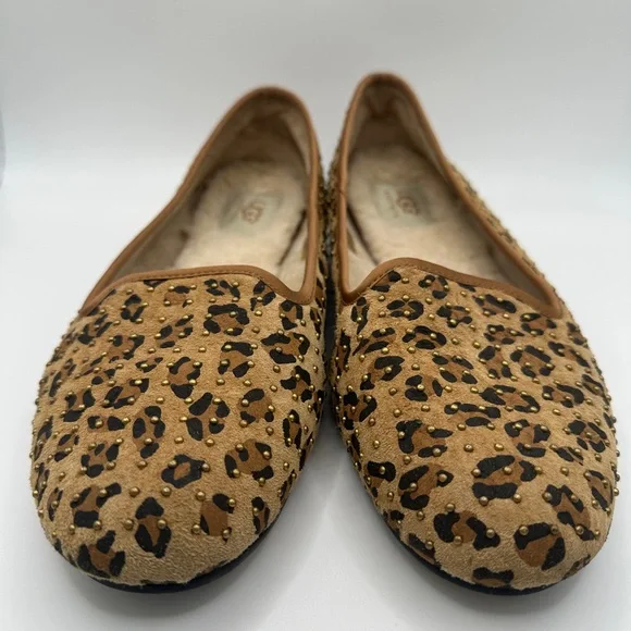 UGG Women's Leopard Print Tan Suede Slip-On Flats with Shearling - Picture 3 of 11